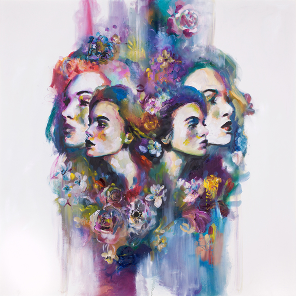 'Refract' An abstract piece based on the idea of light refracting in a prism, breaking down the colours and the subject viewed through the glass into multiple peripheral states. The colours and the florals are painted from an impressionist stance as hints and suggestions.