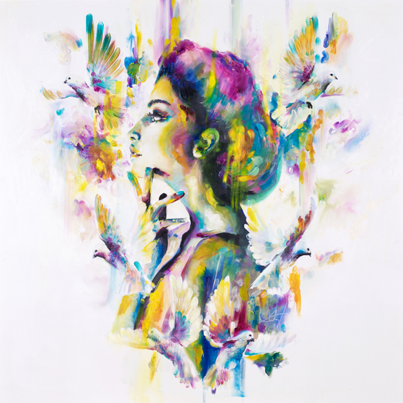 'Opium I' Opium I & 11 - Opiates remove feelings of pain and replace with feelings of euphorea. This set of 2 paintings are a play on colours and embelishments that make a replacement from traditional 'true to life' colours to a whimsical display of colours across the spectrum. A euphoric replacement.