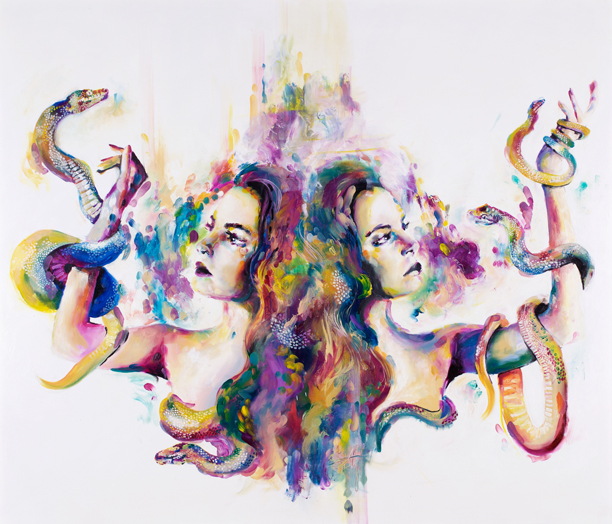 'Serpens' Coiled snakes with fine scales show a fun and bright reflection of the use of colour within this collection. Symbolism of snakes and slyness can be interpreted individually as the snakes coil around the subject engaging directly with the otherwise symmetrical figures, like the embellished brush strokes that create the abstract tendencies throughout the collection.